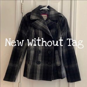 🛑NWOT Old Navy Black Grey Plaid Pea Coat Juniors XS Gift Classic